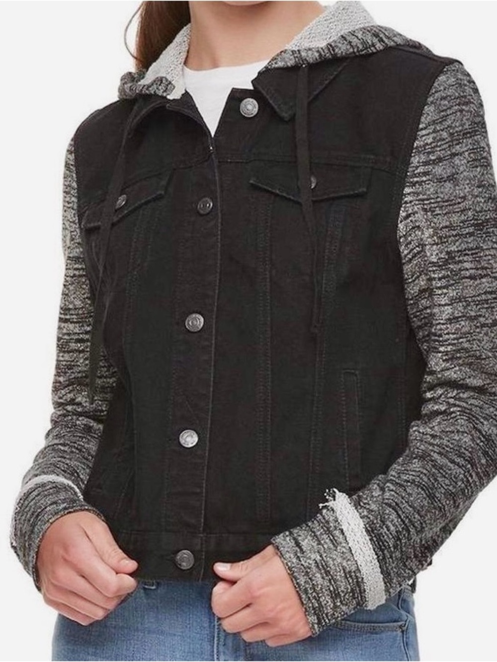 Girls Jean Jacket with Gray Knit Hood & Sleeves black distressed denim